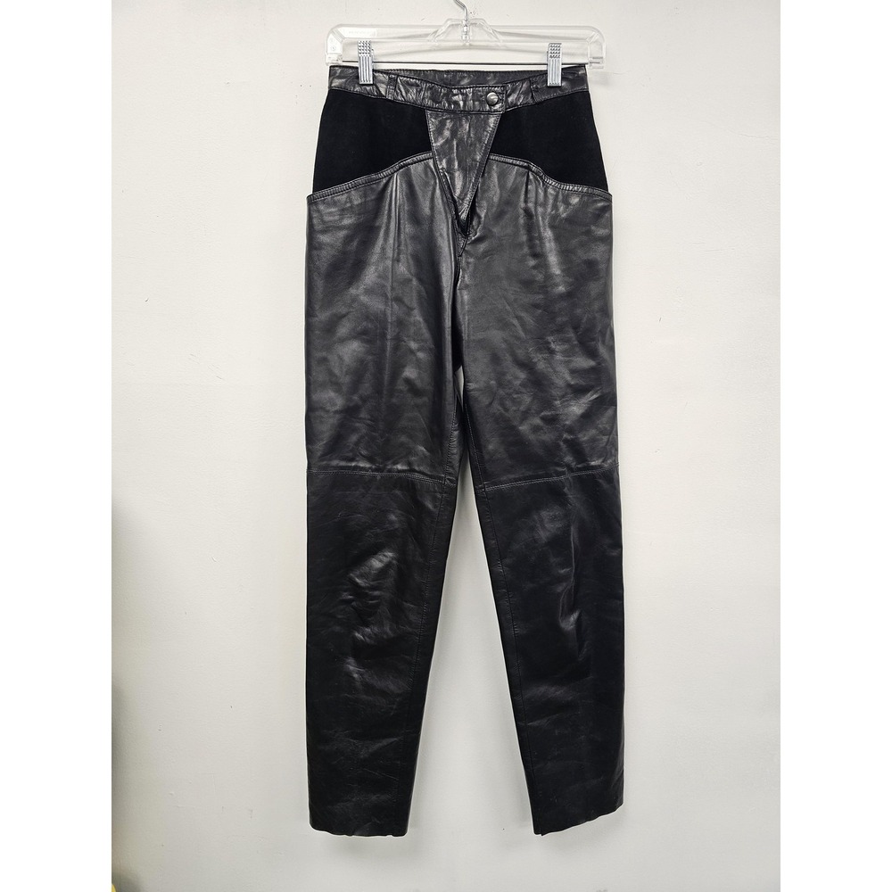Vintage Berman's Leather Pants Womens 8 Black Suede Trim High Rise Tapered 80s